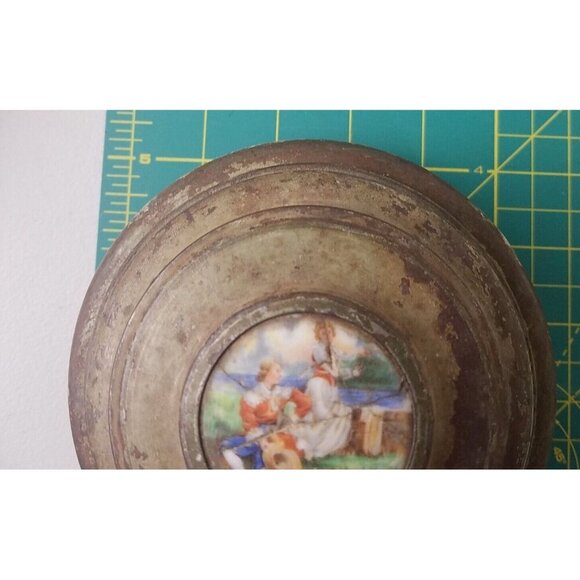Antique Pre Reuge Music Box Musical‎ Powder Puff Metal Case with Porcelain Inlay - Picture 16 of 16